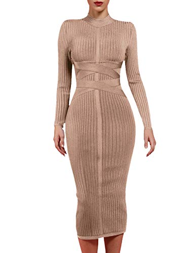 whoinshop Damen Cross Strap Gerippte Bandage Langarm Midi Herbst Winter Bodycon Partykleid, Khaki1, Mittel von Whoinshop