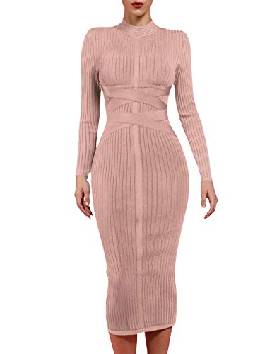 whoinshop Damen Cross Strap Gerippte Bandage Langarm Midi Herbst Winter Bodycon Partykleid - Beige - Klein von Whoinshop