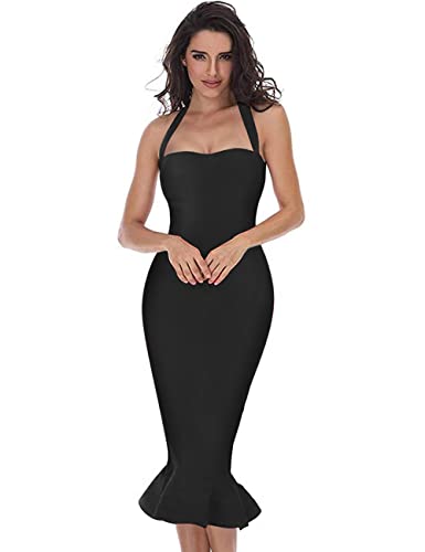 whoinshop Damen Halfter Fischschwanz Meerjungfrau Bodycon Knielang Cocktail Bandage Kleid, Schwarz, X-Klein von whoinshop