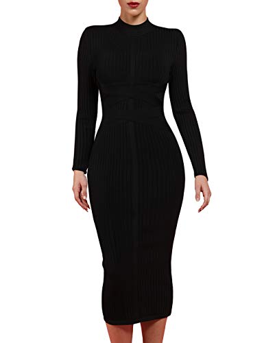 whoinshop Damen Kreuz Strap Gerippte Bandage Langarm Midi Herbst Winter Bodycon Party Kleid, schwarz, Groß von Whoinshop