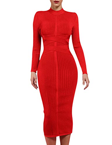 whoinshop Damen Kreuzriemen Gerippte Bandage Langarm Midi Herbst Winter Bodycon Party Kleid, Rot/Ausflug, einfarbig (Getaway Solids), X-Groß von Whoinshop