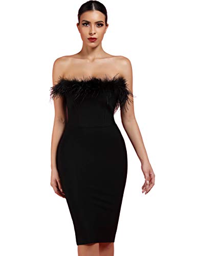 whoinshop Damen Sexy Schulterfrei Feder Bandage Abend Club Party Kleid, Schwarz, Groß von whoinshop