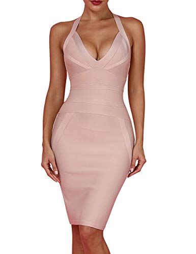 whoinshop Damen Tiefer V-Ausschnitt Rückenfrei Neckholder Bodycon Cocktail Party Bandage Kleid, nude, Mittel von Whoinshop