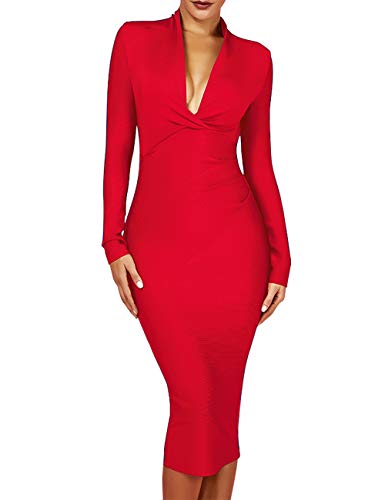 whoinshop Langärmeliges Kleid für Damen, drapiert, tief, für Nachtclubs, Cocktailpartys, knielang - Rot - Klein von whoinshop