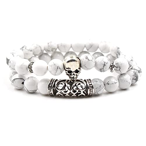 Beads Armband Damen, BFF Armband Zirkonia Legierung Weiss 2 Teiliges Set Totenkopf Geburtstagsgeschenk Perlenarmband für Ihn 19cmx8mm von Whoiy