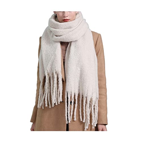 Kaschmirschal Weiß, Loop Schal Damen Dünn Langer Fester Schal mit Quaste 220X50cm Warmer Winterschal-Poncho von Whoiy