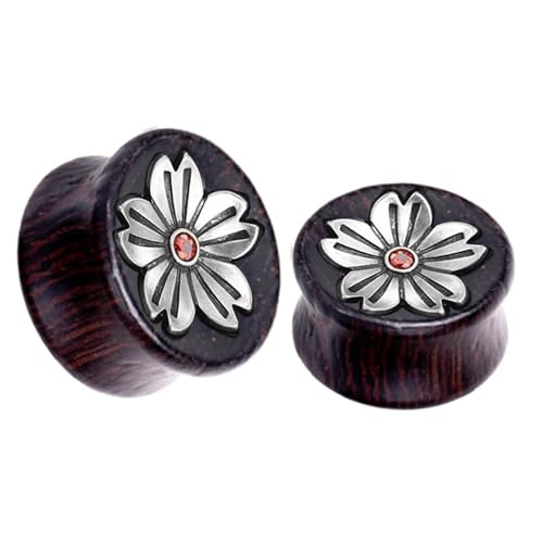 Whoiy 2 STK Holz Tunnel Ohr Plug 20mm Blume, Braun Tunnel Plug Piercing Schmuck mit Zirkonia für Damen und Herren von Whoiy