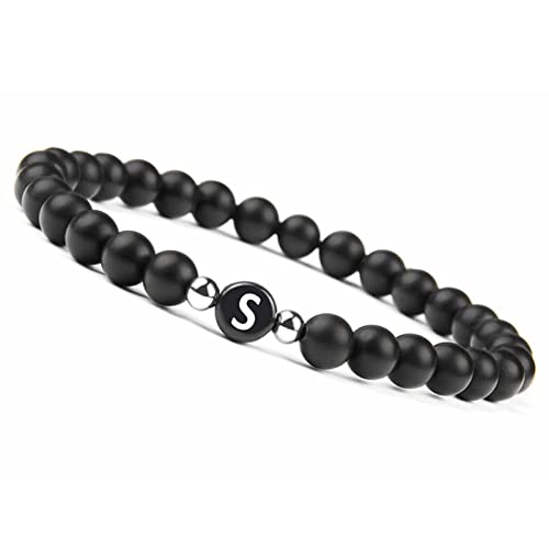 Whoiy Achat Armband Herren, Boho Armband Damen Legierung Schwarz Elastische Perlen mit Dem Buchstaben S Geburtstagsgeschenk Perlenarmband für Sie 17cmx6mm von Whoiy
