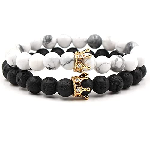 Whoiy Armbänder Damen, Partnerarmbänder Zirkonia Legierung Schwarz-Weiß-Gold 2 Teiliges Set Krone Beste Perlenarmbänder für Damen und Herren 19cmx8mm von Whoiy