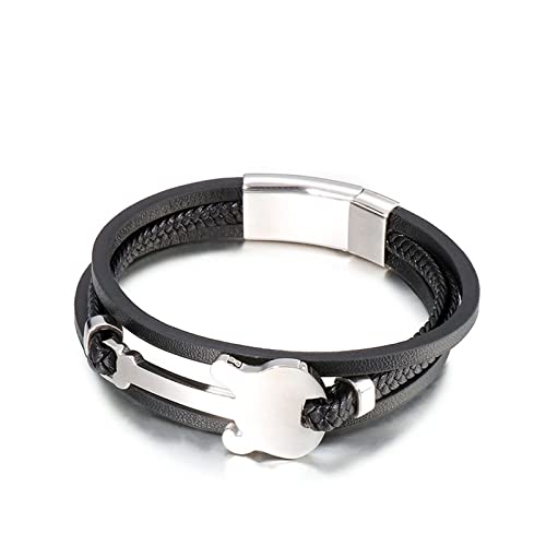 Whoiy Herren Armband Geflochten, Armbänder Silber Schwarz Gitarre Mehrere Schichten Edelstahl Leder Elegant Modeschmuck für Urlaub von Whoiy