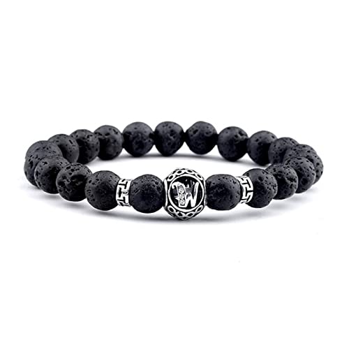 Whoiy Armband Perlen Herren, Perlen Armband Frauen Lavastein Versilberter Schwarz Modisches Perlenarmband mit Buchstabe W Perlenarmband 20.8cmx8mm von Whoiy