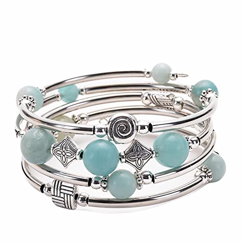 Whoiy Armreif Damen, Uniqal Armband Amazonit Edelstahl Blau Natursteinwicklung Mehrschichtig Geburtstagsgeschenk Perlenarmband für Ihn 19cmx8mm von Whoiy