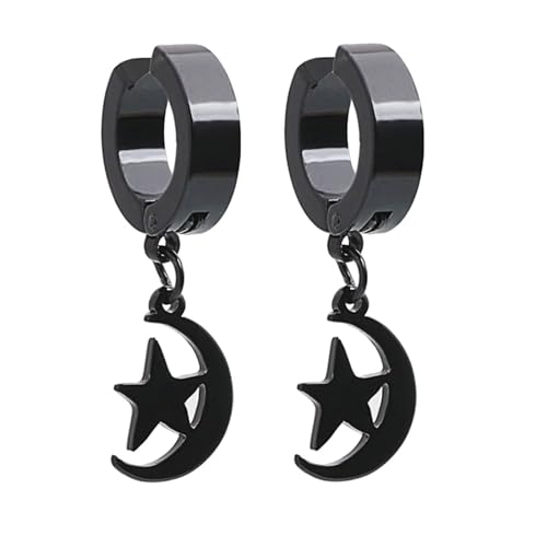 Whoiy Creolen Schwarz Ohrringe, Stern und Mond Baumeln Edelstahl Nicht Piercing Creolen Ohrringe für Damen Ohrschmuck Kleines Geschenk von Whoiy