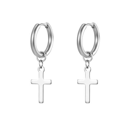 Whoiy Creolen Silber Edelstahl Ohrringe, Modisch Ohrschmuck Creolen Ohrringe mit Kreuz Anhänger für Damen Kleines Geschenk von Whoiy