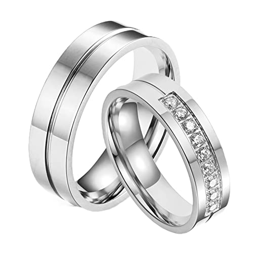 Whoiy Edelstahl Ring Damen Silber, Verlobung Ringe Paare Ehering mit Mittelrille Zirkonia für Frauen 52 (16.6) Kostenlos Gravieren von Whoiy