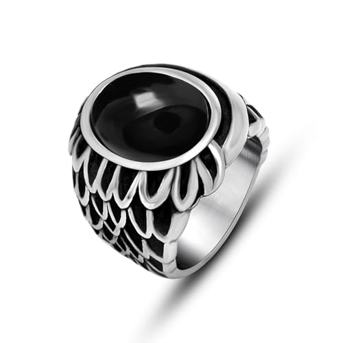 Whoiy Edelstahl Ringe Herren Punk Schwarzer Achat, Silber Schwarz Titanringe Eheringe Gothic Eheringe Gravur Personalisiert Größe 62 (19.7) von Whoiy