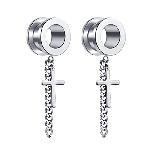 Whoiy Edelstahl Tunnel 8mm, Ohr Piercing Silber Tunnel mit Baumelndem Kreuz 2Stck Tunnel Piercing Schmuck für Frauen Männer von Whoiy