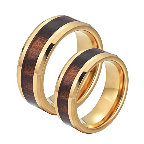 Whoiy Edelstahlringe Damen, Verlobungsring Frauen 2 Stück 8mm Goldener Holzring mit Abgeschrägter Kante für Valentinstag Jahrestag von Whoiy