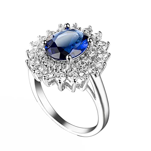 Whoiy Ehering Damen Einzeln Silber Blume Oval Blau CZ Statement Solitär Geschenke für Frauen Größe 57 (18.1) von Whoiy