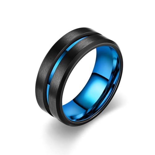 Whoiy Eheringe Partnerringe Schwarz Blau mit Gravur, Edelstahl Ringe Mittelrille Matt Ring Schmuck Verlobung 8MM für Männer Größe 57 (18.1) von Whoiy