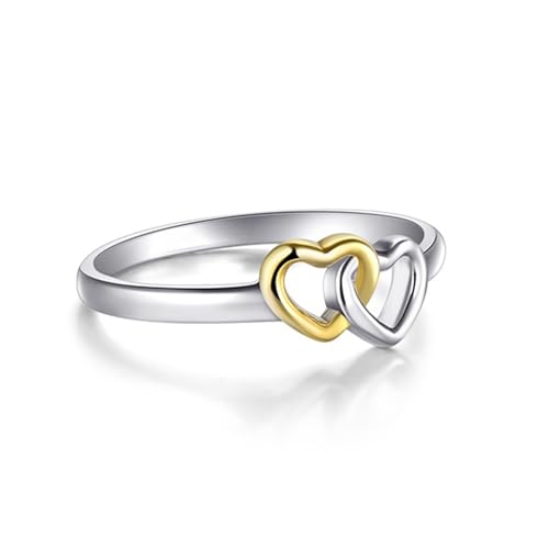 Whoiy Frauen Ringe Silber, Trauringe Doppelherz 925 Hochzeit ring Ohne Stein Zweifarbig Gold und Silber Bandring mit Gravur für Damen Größe 54 (17.2) von Whoiy