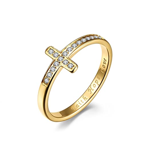 Whoiy Goldring Jesus, Verlobung Ring mit Gravur Edelstahl Gold Kreuz Eingelegter Zirkonia-Ring für Frauen 52 (16.6) Kostenlos Gravieren von Whoiy