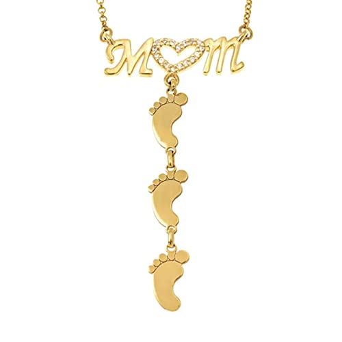 Whoiy Halskette Stein Damen, Frauen Halsketten Edelstahl Mama mit Zirkonia und Fußabdrücken Halsketten mit Anhänger Gold Muttertagsgeschenk Runde von Whoiy