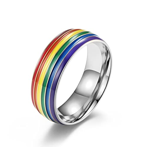 Whoiy Herren Ringe Edelstahl Silber, Freundschaftsringe Zart Regenbogen-Stolz-Ring für Männer 67 (21.3) Kostenlos Gravieren von Whoiy