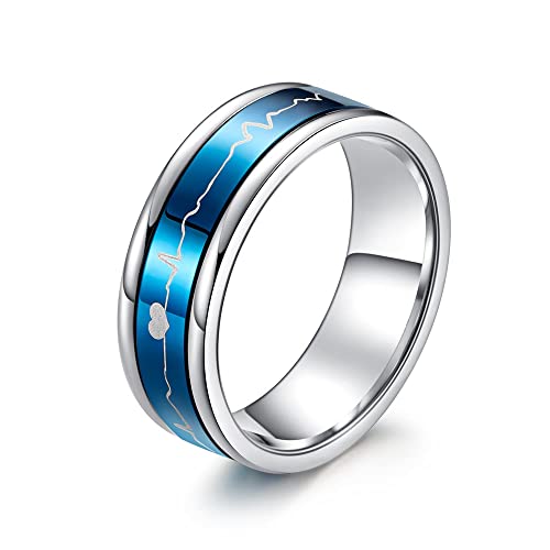 Whoiy Herz Ring Blau, Männer Ring XL Edelstahl Herzschlag-EKG-Kurve Drehbarer Angstring für Männer 52 (16.6) Kostenlos Gravieren von Whoiy