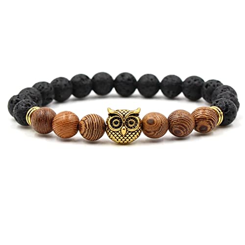 Whoiy Lavaperlen Armband Damen, Perlen Armbänder Legierung Schwarzes Holz Eule Geburtstagsgeschenk Perlenarmband für Ihn 19cmx8mm von Whoiy