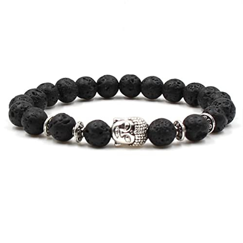 Whoiy Lavastein Armband, Armband Herren Perlen Legierung Schwarzes Silber Buddha Geburtstagsgeschenk Perlenarmband für Ihn 19cmx8mm von Whoiy