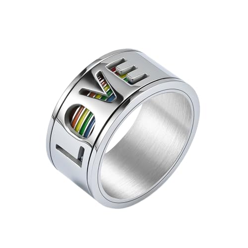 Whoiy Love Regenbogen Ringe Männer Silber 11MM, Ringe Verlobungsring Spinner Edelstahl Eheringe mit Personalisiert Gravur für Ihn Größe 57 (18.1) von Whoiy