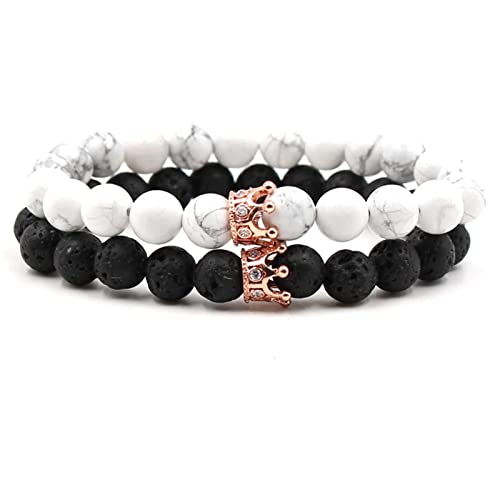 Whoiy Männer Armband, Partner Armbänder Zirkonia Legierung Schwarz-Weiß-Roségold 2 Teiliges Set Krone Jubiläumsgeschenk Perlenarmband 19cmx8mm von Whoiy