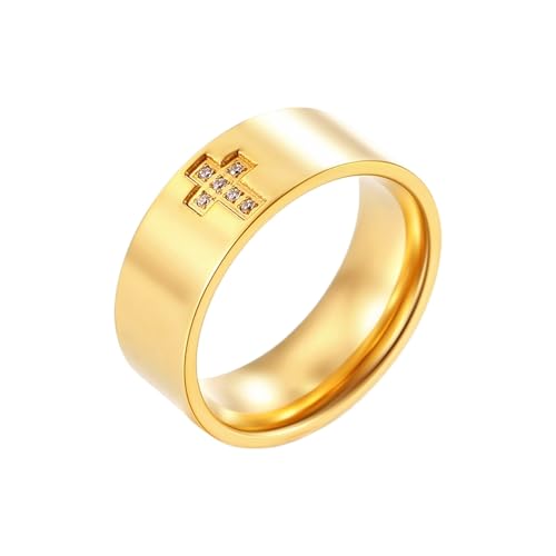 Whoiy Männer Ringe Kreuz Edelstahl mit Zirkonia, Gold Bandringe Poliert Partnerringe Freundschaftsringe 8MM Personalisiert Gravur für Ihn Größe 62 (19.7) von Whoiy