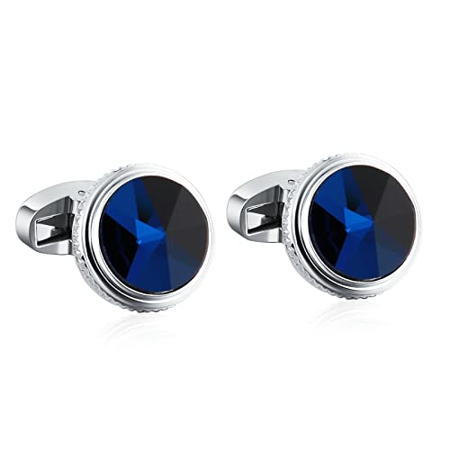Whoiy Manschettenknöpfe Herren Blau Rund, Manchettenknoepfe Lustig Edelstahl Zirkonia für Männer Smokinghemd Kostenlose Gravur mit Geschenkbox von Whoiy