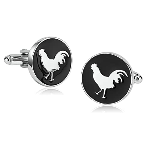 Whoiy Manschettenknöpfe Schwarz Silber, Manchettenknoepfe Edelstahl Runder Hahn für Männer Kostenlose Gravur mit Schmuck Box von Whoiy