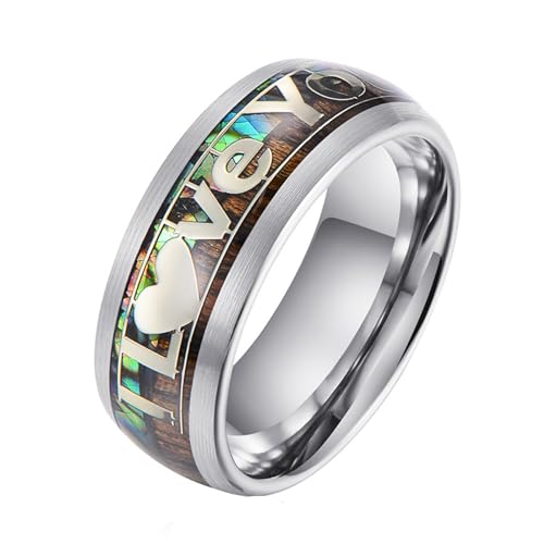 Whoiy Mode Ring Frauen 8MM mit Personalisiert Gravur, Schwarz Ringe I Love You Wolframcarbid Schmuck Trauringe Holzopal für Sie Größe 52 (16.6) von Whoiy