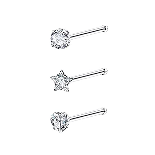 Whoiy Nasenstecker Herz, Nasenring Piercing Silber 4 Stück Edelstahl 316L Piercing Set Herz Rund und Stern Zirkonia für Frauen von Whoiy