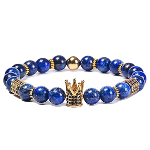 Whoiy Perlenarmband, Lava Armband Damen Legierung Blau Glatte Perlen mit Goldkrone Geburtstagsgeschenk Perlenarmband für Sie 18cmx8mm von Whoiy