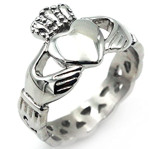 Whoiy Ring Männer Titan, Ringe Schmuck Herren Edelstahl Silberne Krone und Herz Claddagh Ring 16mm Größe 70 (22.3) für Urlaub Party Geburtstags von Whoiy