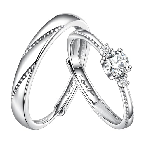 Whoiy Ring Set Silber 925 Damen & Herren, Verlobungsring Set Trauringe Paare Freundschaftsringe Verstellbarer Ring für Geburtstag Valentinstag Jubiläum von Whoiy