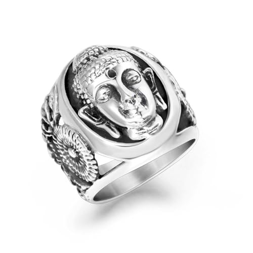 Whoiy Ring Verlobung Herren mit Personalisiert Gravur, Silber Ringe Gothic Buddha Edelstahl Hochzeitsring für Ihn Größe 65 (20.7) von Whoiy