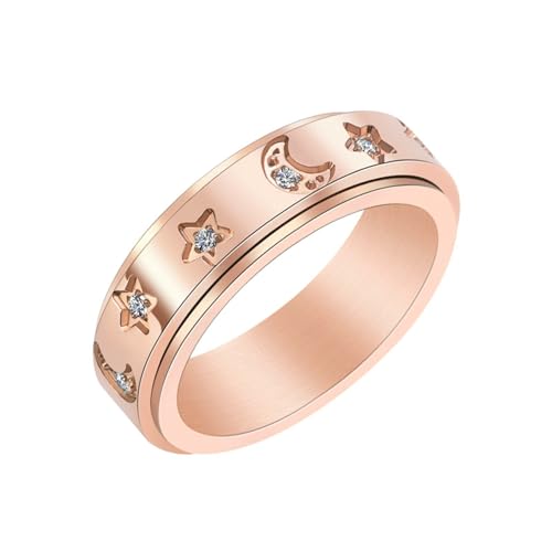 Whoiy Ring Verlobungsring Edelstahl Mond und Stern Zirkonia mit Gravur, 6MM Roségold Fidget Band Ringe für Stress Angstlinderung Damenring Freundschaftsringe Best Friends Größe 60 (19.1) von Whoiy