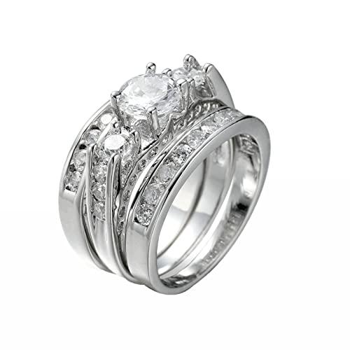 Whoiy Ringe Damen Breit Silber Stapelbares Dreierset Rund Weiß CZ Geschenke für Freundin Größe 60 (19.1) von Whoiy