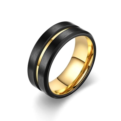 Whoiy Schwarz Gold Ringe Männer Mittelrille 8MM, Ringe Verlobungsringe Matt Edelstahl Freundschaftsringe Partnerringe für Ihn mit Gravur Größe 65 (20.7) von Whoiy