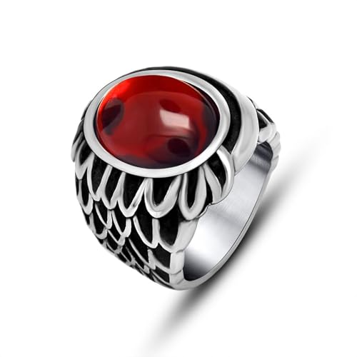 Whoiy Silber Schwarz Ringe Männer Punk mit Roter Achat, Eheringe Hochzeit Gothic Edelstahl Schmuck Trauringe für Ihn mit Gravur Größe 54 (17.2) von Whoiy