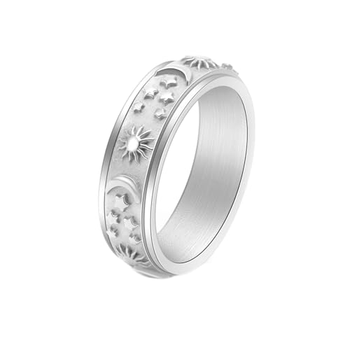 Whoiy Silber Trauring mit Gravur, 6MM Edelstahlring Personalisiert Ringe Sonne und Mond Fidget Ring Stressabbau Hochzeit Ringe für Damen Größe 67 (21.3) von Whoiy