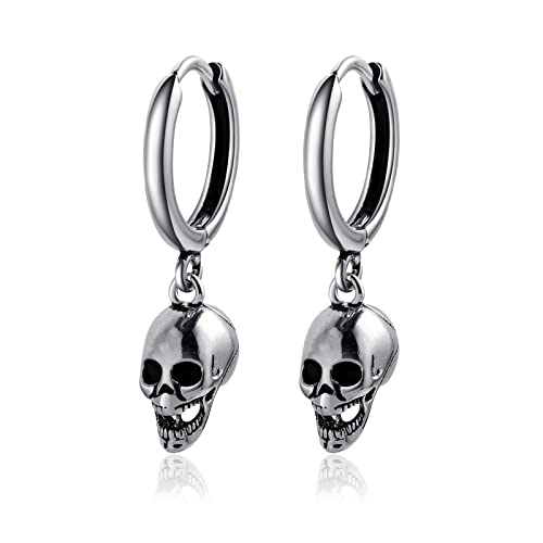 Ohrringe Silber 925, Dangling Earrings Goth Totenkopf für Damen Herren Schädel Schmuck Punk Klappcreolen Cartilage Ohr Piercing 10X28mm von Whoiy