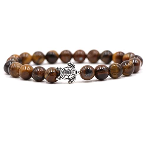 Whoiy Tigerauge Armband Herren, Zartes Armband Damen Legierung Braun Elastische Runde Natursteinperlen Schildkröte Geburtstagsgeschenk Perlenarmband für Ihn von Whoiy