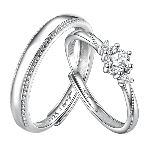 Whoiy Verlobungsring Paar Ring Set Silber 925 Paarringe für Sie und Ihn Set mit Zirkonia, Verstellbar Versprechen Verlobungsring Hochzeitsring, Paare Offen Eheringe Band Ring mit Geschenkbox von Whoiy